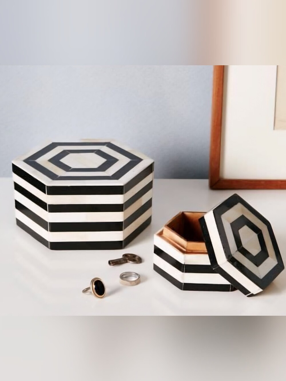 Set Of Two West Elm Black & White Inlay Hexagon Boxes Retail $48